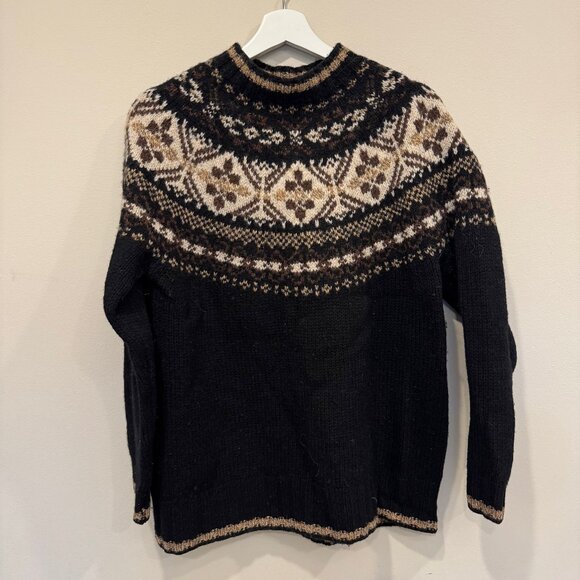 Eddie Bauer Legend 100% Wool Fair Isle Nordic Winter Sweater Women’s S Black Tan - Picture 1 of 3